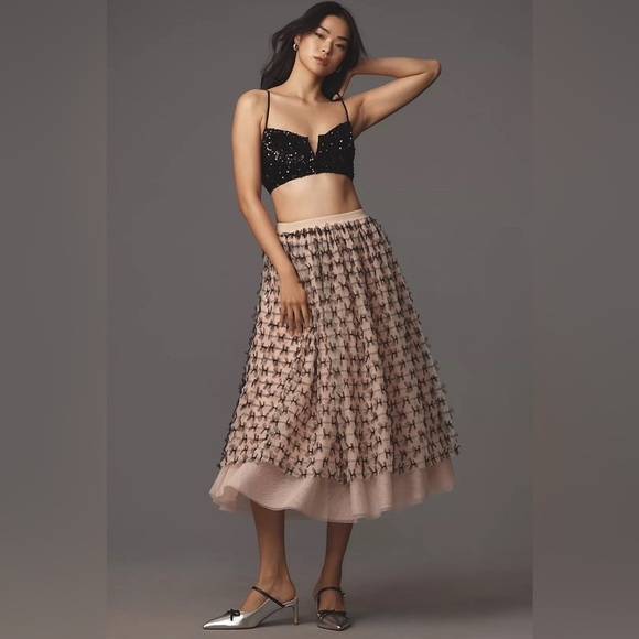 NWT! Anthropologie Pink & Black Maeve All-Over Bow Tulle Midi Skirt -Size XS - Picture 1 of 5